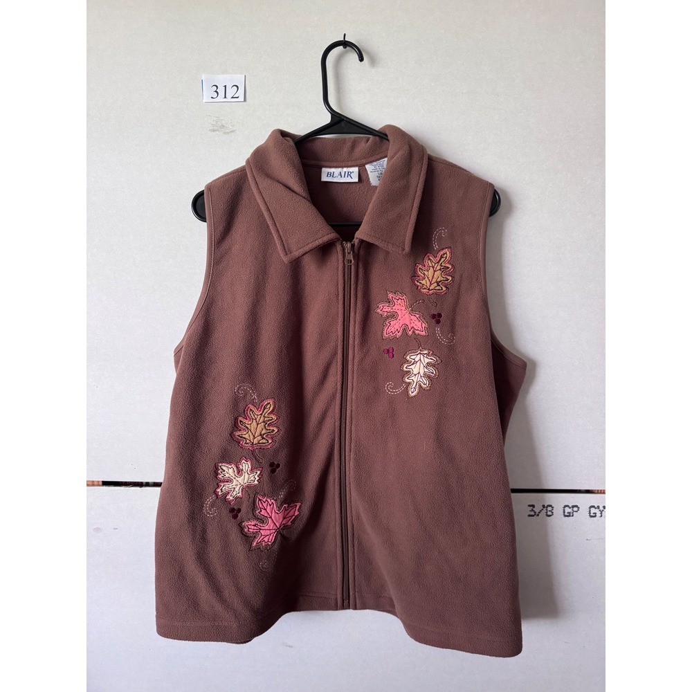 Blair Womens Fleece Vest Brown Embroidered Autumn Leaves Full Zip Large 54703